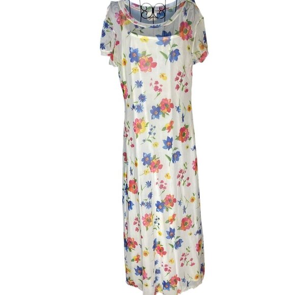 Newport News Women's‎ L Layered Floral Sheer Mesh Maxi Dress White Multicolor - Picture 1 of 4
